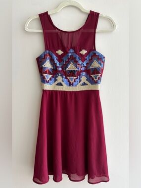 Point Aztec Print Sequin Fit & Flare Flowy Chiffon Dress, Red/Blue/Gold, Size S